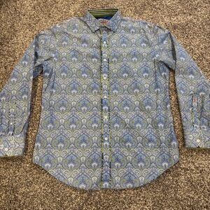 Robert Graham Men's Large Blue Green Embroidered Paisley Flip Cuff Shirt